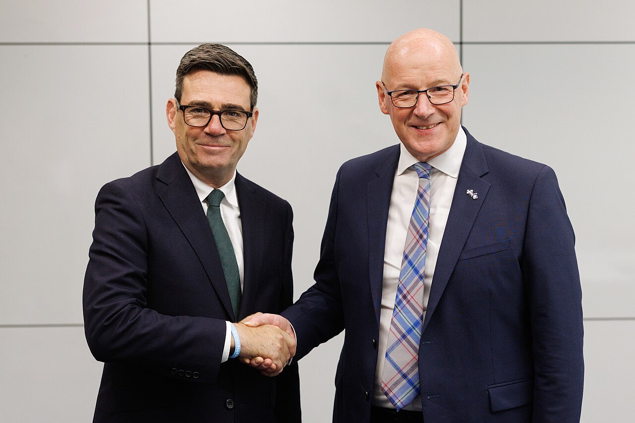 23/07/2026. Glasgow, United Kingdom. Prime Minister Andy Burnham bilateral meeting with John Swinney, First Minister of Scotland visit to Glasgow. Picture by Simon Dawson / No 10 Downing Street OGL 3, via Wikimedia Commons
